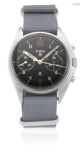 Circa 1980  CWC. A stainless steel manual wind chronograph wristwatch