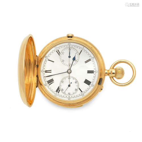 London Hallmark for 1889  An 18K gold keyless wind minute repeating chronograph full hunter pocket watch