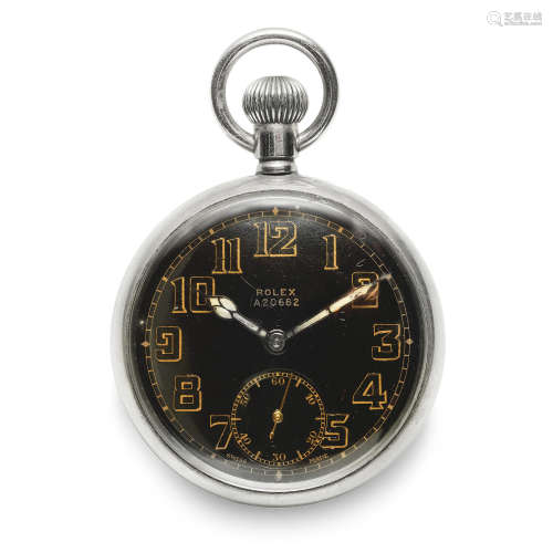 Circa 1940  Rolex. A stainless steel keyless wind open face military pocket watch