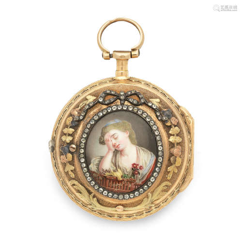 Circa 1770  Abraham, Colomby. A gilt metal key wind pair case pocket watch with enamel portrait miniature