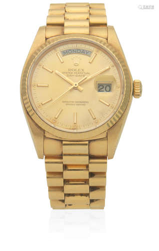 Day-Date, Ref: 1803, Circa 1979  Rolex. An 18K gold automatic calendar bracelet watch