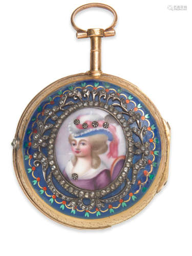 Circa 1770  Romilly, Paris. A continental gold key wind open face pocket watch with enamel portrait miniature