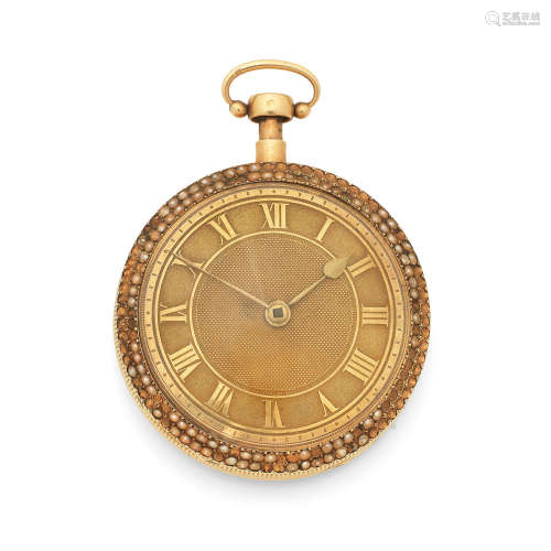 Circa 1840  A gilt metal, enamel and pearl set key wind open face repeating pocket watch