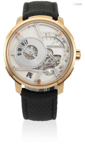 Ref: HLQ 05, Recent  Hautlence. A semi-skeletonised 18K gold and titanium manual wind wristwatch with eccentric dial