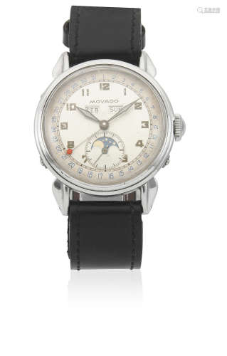Ref: 14970, Circa 1950  Movado. A stainless steel manual wind triple calendar wristwatch