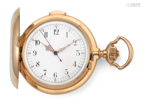 Circa 1890  An 18K gold keyless wind quarter repeating full hunter pocket watch with centre seconds