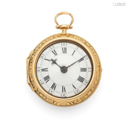 London Hallmark for 1744  William Mayhew, Woodbridge. An 18K gold key wind pair case pocket watch with repousse decoration