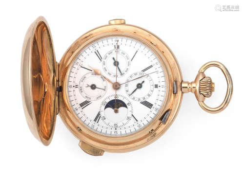 Circa 1900  A 14K gold keyless wind full hunter quarter repeating pocket watch with moon phase