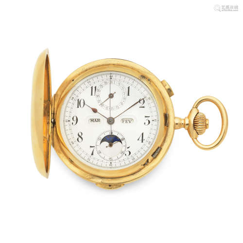 Circa 1890  Schwab-Loeillet. An 18K gold keyless wind triple calendar minute repeating chronograph full hunter pocket watch with moon phase