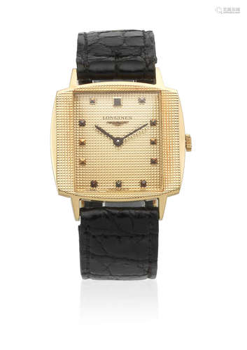 Ref: 7764 1, Circa 1966  Longines. An 18K gold manual wind cushion form wristwatch