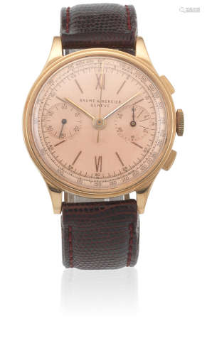 Circa 1950  Baume & Mercier. An 18K gold manual wind chronograph wristwatch