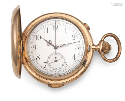 Circa 1890  A 14K gold keyless wind quarter repeating chronograph full hunter pocket watch