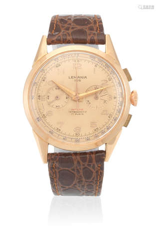 Circa 1950  Lemania. An 18K gold manual wind chronograph wristwatch