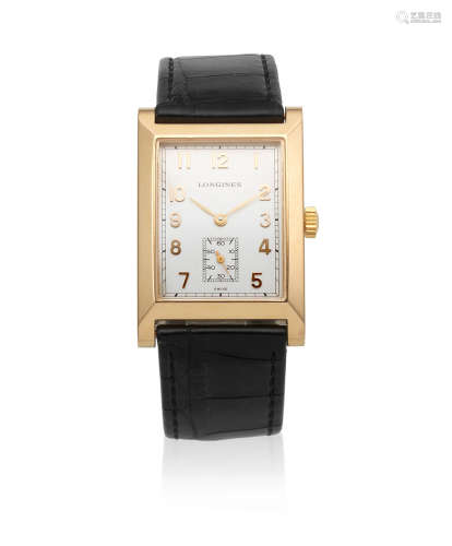 Ref: L5 662 6, Sold 10th May 2000  Longines. An 18K gold manual wind rectangular wristwatch