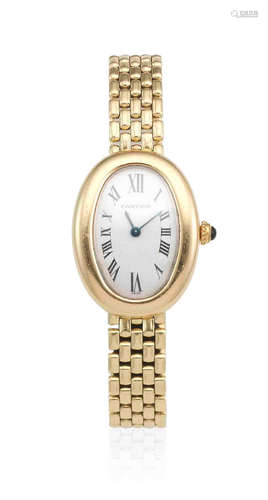 Baignoire, Ref: 1954, Circa 1990  Cartier. A lady's 18K gold quartz oval bracelet watch