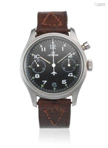 Circa 1950  Lemania. A stainless steel manual wind single button chronograph wristwatch