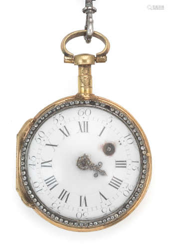 Circa 1790  Charles LeRoy, Paris. A gilt metal and stone set key wind open face pocket watch with enamel miniature portrait of a lady and complimenting chatelaine