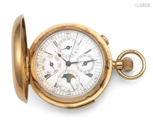 London Import mark for 1908  An 18K gold keyless wind quarter repeating full hunter pocket watch with moon phase