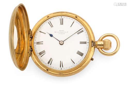 London Hallmark for 1870  Dent, 33 Cockspur Street, London. An 18K gold keyless wind half hunter pocket watch