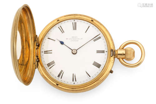 London Hallmark for 1870  Dent, 33 Cockspur Street, London. An 18K gold keyless wind half hunter pocket watch