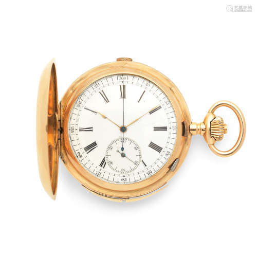 Circa 1890  An 18K gold keyless wind carillon minute repeating chronograph full hunter pocket watch
