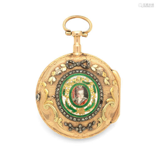 Circa 1770  Dufour, Ceret & Cie, Ferney, France. A tri-colour gold key wind open face pocket watch with enamel portrait miniature