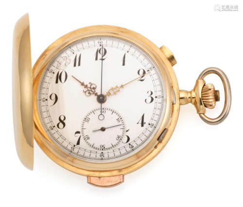 Circa 1890  Chronometre Hasler. An 18K gold keyless wind full hunter quarter repeating chronograph pocket watch