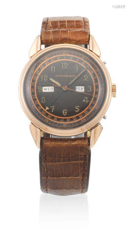 Ref: 14778, Circa 1940  Movado. A rose gold plated and stainless steel manual wind triple calendar wristwatch