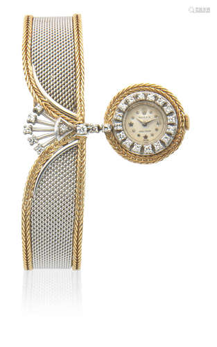 Circa 1960   Rolex. A lady's 18K two colour gold and diamond set manual wind suspended bracelet watch