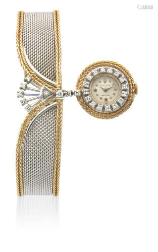 Circa 1960   Rolex. A lady's 18K two colour gold and diamond set manual wind suspended bracelet watch