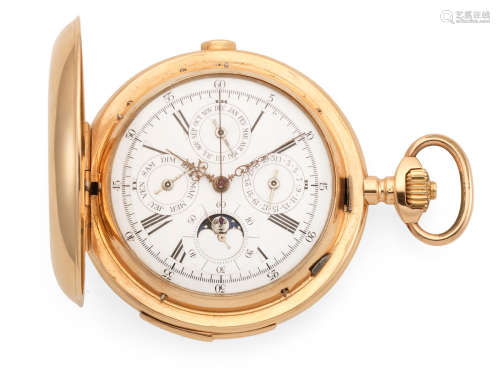 Circa 1890  An 18k gold keyless wind full hunter quarter repeating triple calendar chronograph pocket watch with moon phase