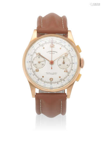 Circa 1950  Britix. An 18K gold manual wind chronograph wristwatch