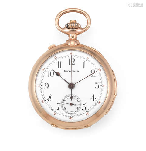 Circa 1880  Tiffany. A 14K rose gold keyless wind open face minute repeating split second chronograph pocket watch