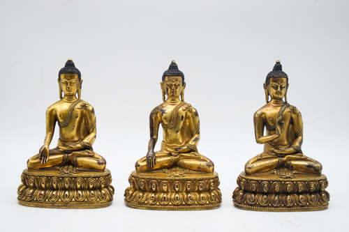 SET OF THREE GILT BRONZE CAST BODHISATTVA FIGURES