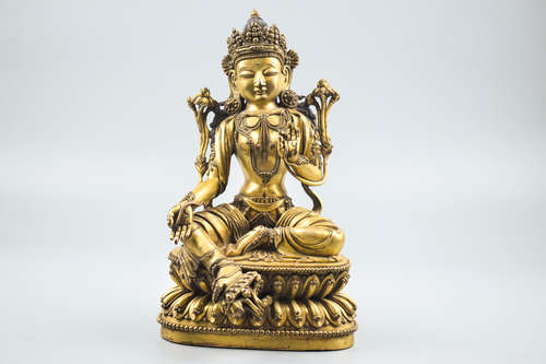 GILT BRONZE CAST GREEN TARA SEATED FIGURE