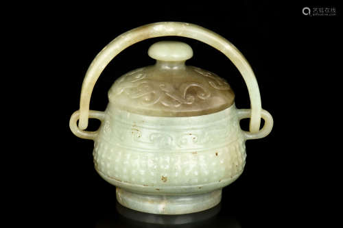CELADON JADE CARVED CENSER WITH HANDLE AND LID