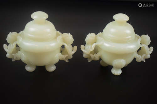 PAIR OF JADE CARVED TRIPOD CENSERS WITH HANDLES