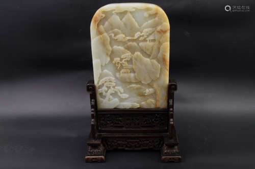 HETIAN JADE CARVED TABLE SCREEN WITH WOODEN STAND