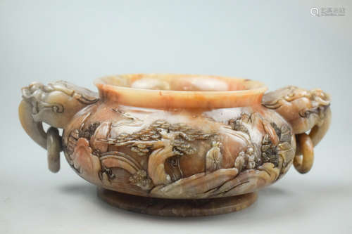 SHOUSHAN SOAPSTONE CARVED CENSER WITH HANDLES