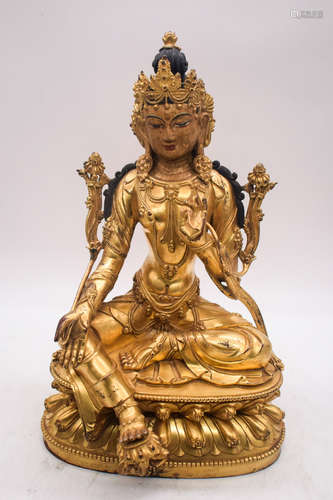 GILT BRONZE CAST 'GREEN TARA' SEATED FIGURE