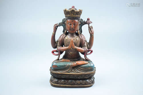 SHOUSHAN SOAPSTONE CARVED FOUR-ARM AVALOKITESHVARA SEATED FIGURE