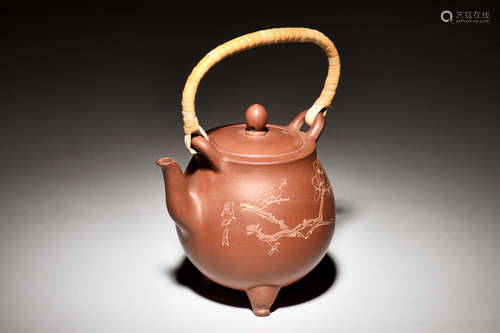 YIXING ZISHA TRIPOD 'PLUM FLOWERS' TEAPOT