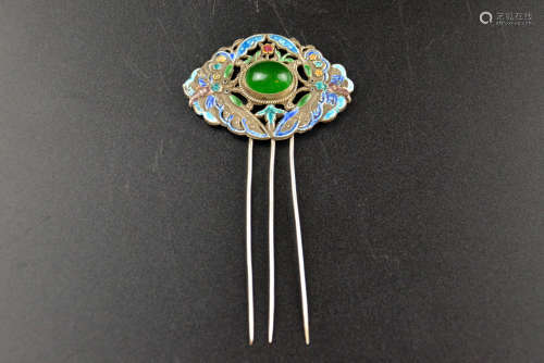 SILVER FILIGREE AND JADEITE INSET HAIRPIN