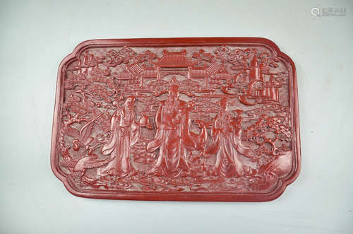 CINNABAR LACQUER CARVED 'FU LU SHOU' PLAQUE