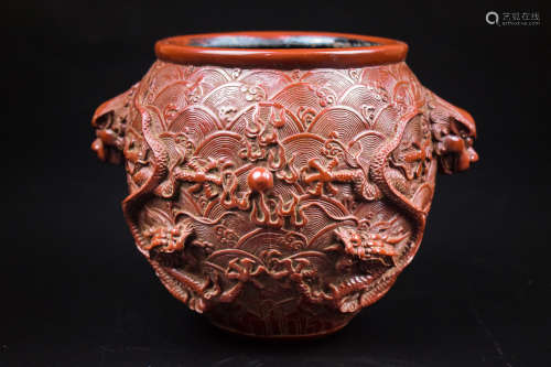 CINNABAR LACQUER CARVED 'DOUBLE DRAGON' JARDINIERE