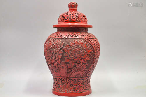 CINNABAR LACQUER CARVED 'FLOWERS' VASE WITH LID
