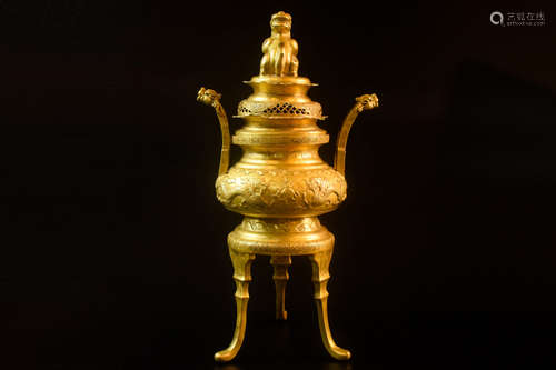 GILT BRONZE TRIPOD 'MYTHICAL BEAST' CENSER