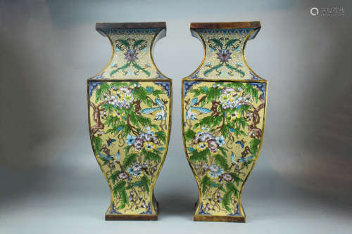 PAIR OF CLOISONNE ENAMELED 'FLOWERS AND BIRDS' VASES