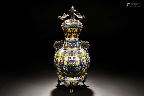 CLOISONNE ENAMELED 'MYTHICAL BEASTS' VASE WITH COVER