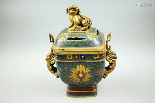 CLOISONNE ENAMELED 'MYTHICAL BEAST' CENSER WITH HANDLES